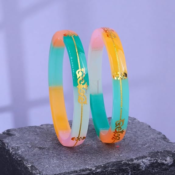 Gold Pola Bangles for Women | Multicolor Bengali Pola Chudi with Gold Foil Design | Handmade Traditional Ethnic Bangles | Lightweight Wedding Festival & Daily Wear Jewelry