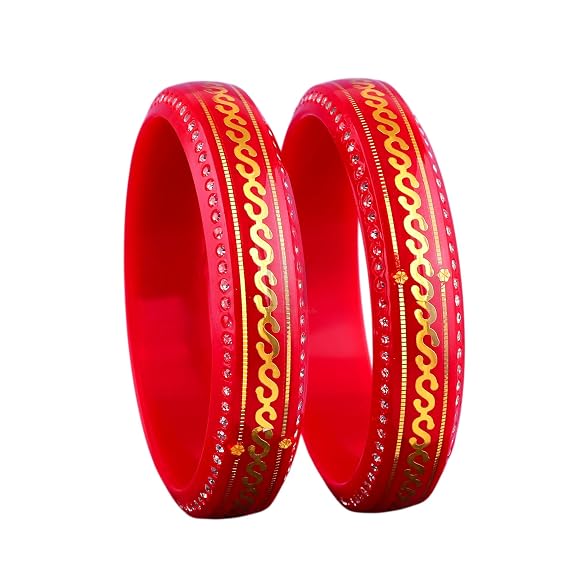Gold Pola Bangles for Women | Traditional Red Bengali Pola Chudi with Gold Foil & Stone Work | Handmade Ethnic Wedding Festival Bangles | Lightweight Designer Jewelry