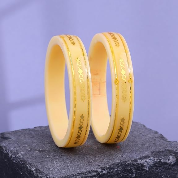Gold Pola Bangles for Women | Traditional Ivory Bengali Pola Chudi with Gold Foil Design | Handmade Ethnic Wedding Festival Bangles | Lightweight Designer Jewelry