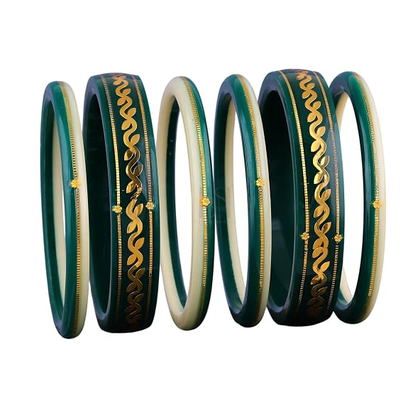 Premium Gold Pola Bangle Set for Women 6.5 Gram Traditional Bengali Handmade Green & White Ethnic Bridal Bangles Wedding Jewelry (Set of 6)