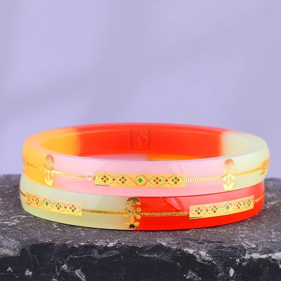 Gold Pola Bangles for Women | Multicolor Pastel Bengali Pola Chudi with Gold Foil Design | Handmade Traditional Ethnic Bangles | Lightweight Wedding Festival & Daily Wear Jewelry