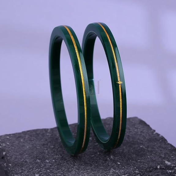 Exclusive Gold Pola Bangles for Women – Dark Green Acrylic Bangles with Gold Line Design | Premium Handmade Traditional Ethnic Chudi for Wedding, Bridal, Festival, Party & Daily Wear | Pack of 2 & 4 | BPJ_77