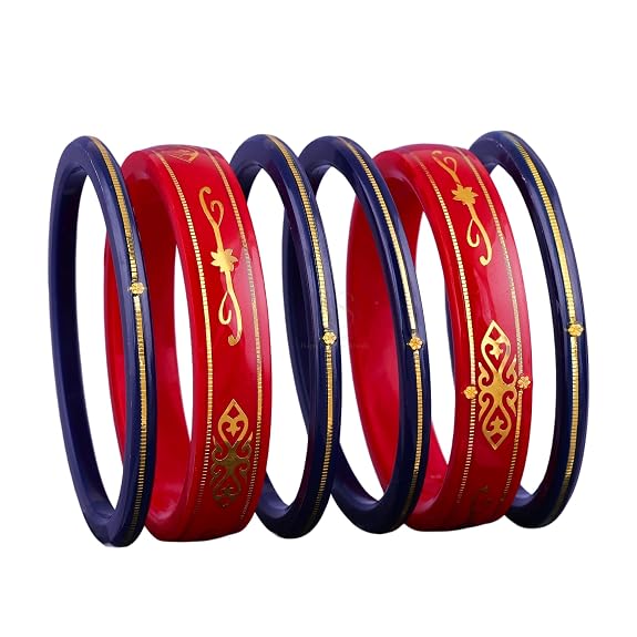 Premium Gold Pola Bangle Set for Women 6.5 Gram Traditional Bengali Handmade Red & Blue Ethnic Bridal Bangles Wedding Jewelry (Set of 6)