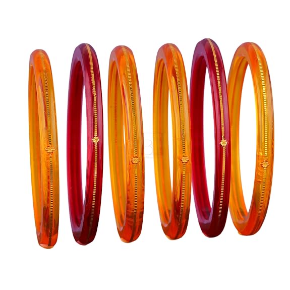 Premium Gold Pola Bangle Set for Women 6.5 Gram Traditional Bengali Handmade Amber Orange & Maroon Bridal Bangles Ethnic Wedding Jewelry (Set of 6)