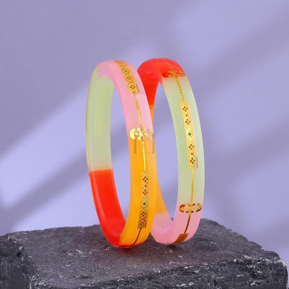 Gold Pola Bangles for Women | Multicolor Pastel Bengali Pola Chudi with Gold Foil Design | Handmade Traditional Ethnic Bangles | Lightweight Wedding Festival & Daily Wear Jewelry