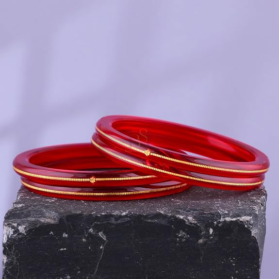 Exclusive Gold Pola Bangles – 22K Gold Plated Traditional Bangle Set for Women | Translucent Ruby Red Chura Kada Bangles | Bengali Ethnic Bridal & Festive Jewelry with Authenticity Card | BPJ_49