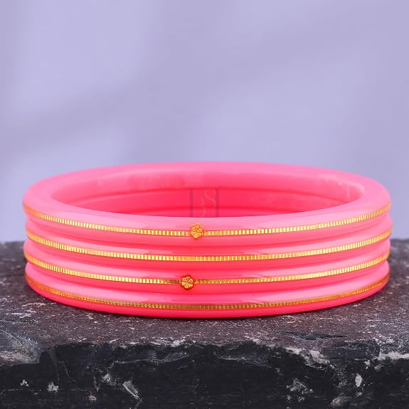 Exclusive Pink Gold Line Pola Bangles for Women | Traditional Acrylic Chudi with Gold Line Design | Lightweight Ethnic Wedding, Festival & Daily Wear Bangles | Pack of 2 & 4 | BPJ_54