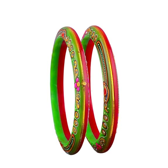 Gold Pola Bangles for Women | Green & Red Bengali Pola Chudi with Floral Gold Foil Design | Handmade Traditional Ethnic Bangles | Lightweight Wedding Festival & Daily Wear Jewelry