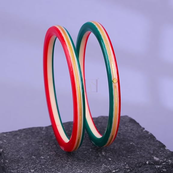 Exclusive Gold Pola Bangles for Women – Red & Green Acrylic Chudi Set with Gold Line Design | Traditional Lightweight Ethnic Bangles for Wedding, Festival, Party & Daily Wear | Pack of 2 & 4 | BPJ_55