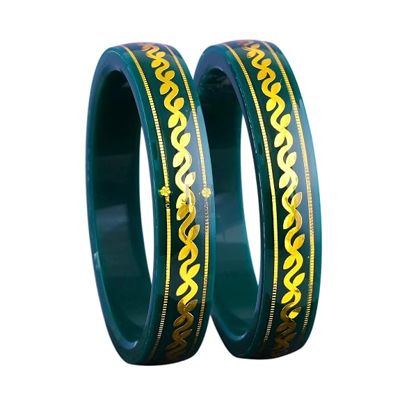 Gold Pola Bangles for Women | Traditional Green Bengali Pola Chudi with Gold Foil Design | Handmade Ethnic Wedding Festival Bangles | Lightweight Designer Jewelry