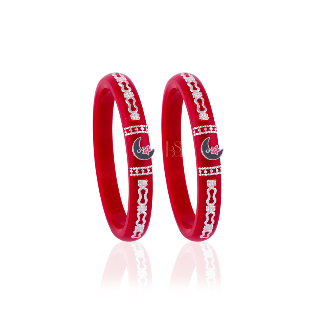 Women's Red Designer Bangles with Silver-Tone Moon & Star Charms – Traditional Ethnic Fashion Jewellery