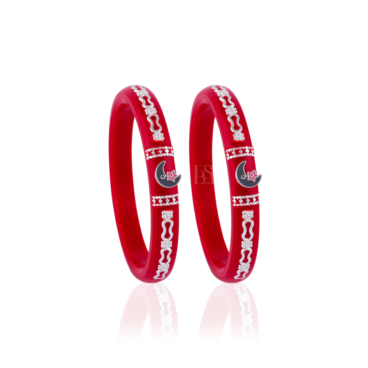 Women's Red Designer Bangles with Silver-Tone Moon & Star Charms – Traditional Ethnic Fashion Jewellery