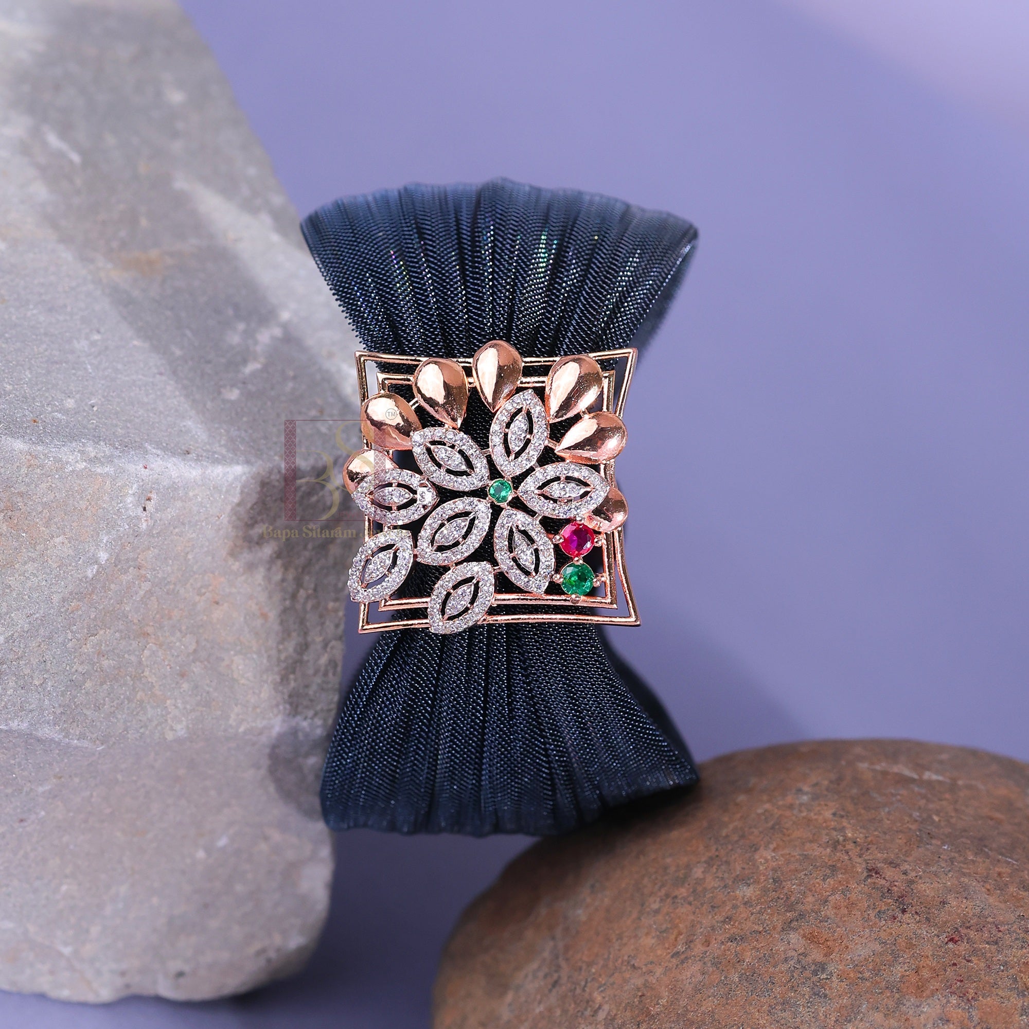 925 Sterling Silver Rose Gold Floral Mesh Cuff Bracelet with Multi-Color Stones for Women | Adjustable Luxury Statement Bracelet | 7.5 Gram