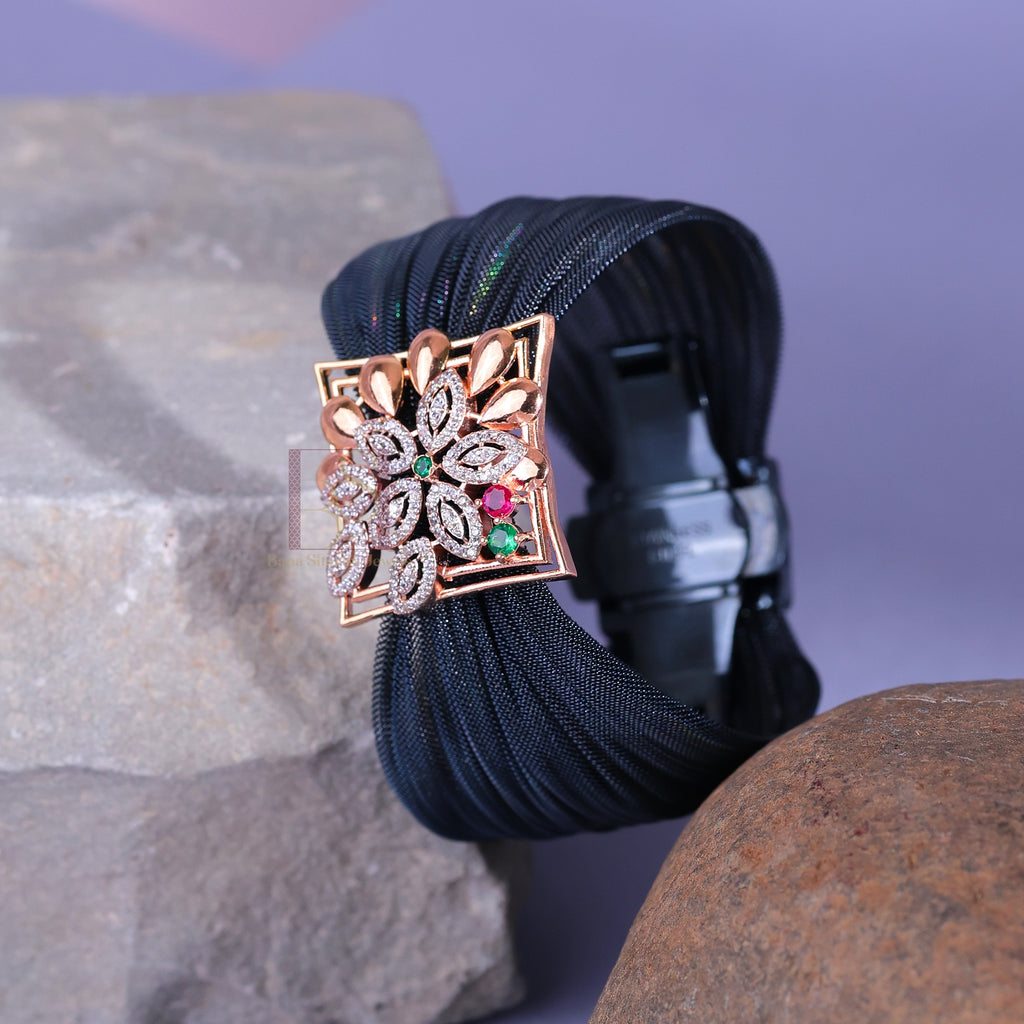 925 Sterling Silver Rose Gold Floral Mesh Cuff Bracelet with Multi-Color Stones for Women | Adjustable Luxury Statement Bracelet | 7.5 Gram