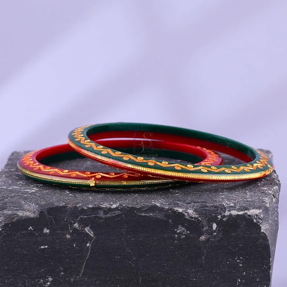 Gold Pola Bangles for Women | Green & Red Slim Bengali Pola Chudi with Gold Foil Design | Handmade Traditional Ethnic Bangles | Lightweight Wedding Festival & Daily Wear Jewelry