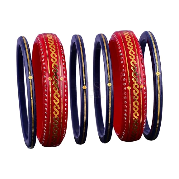 Premium Gold Pola Bangle Set for Women 6.5 Gram Traditional Bengali Handmade Red & Navy Blue Bridal Bangles with Gold Designer Pattern (Set of 6)