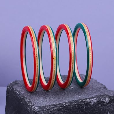 Exclusive Gold Pola Bangles for Women – Red & Green Acrylic Chudi Set with Gold Line Design | Traditional Lightweight Ethnic Bangles for Wedding, Festival, Party & Daily Wear | Pack of 2 & 4 | BPJ_55