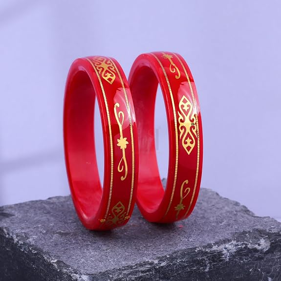 Gold Pola Bangles for Women | Traditional Red Bengali Pola Chudi with Gold Floral Motif Design | Handmade Ethnic Wedding Festival Bangles | Lightweight Designer Jewelry