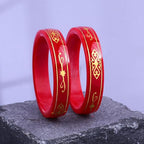 Gold Pola Bangles for Women | Traditional Red Bengali Pola Chudi with Gold Floral Motif Design | Handmade Ethnic Wedding Festival Bangles | Lightweight Designer Jewelry