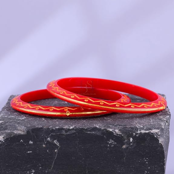 Gold Pola Bangles for Women | Traditional Red Bengali Pola Chudi with Gold Zigzag Design | Handmade Lightweight Ethnic Bangles for Wedding Festival & Daily Wear
