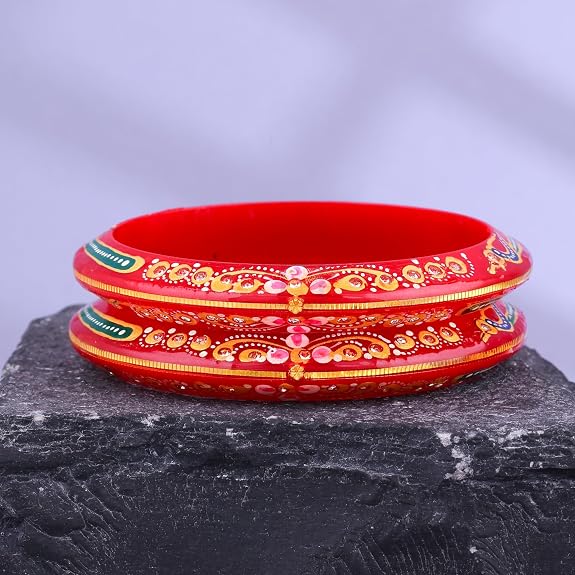 Gold Pola Bangles for Women | Traditional Red Bengali Pola Chudi with Floral & Stone Design | Handmade Ethnic Wedding Festival Bangles | Lightweight Designer Jewelry