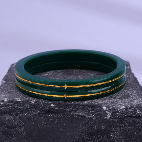 Exclusive Gold Pola Bangles for Women – Dark Green Acrylic Bangles with Gold Line Design | Premium Handmade Traditional Ethnic Chudi for Wedding, Bridal, Festival, Party & Daily Wear | Pack of 2 & 4 | BPJ_77
