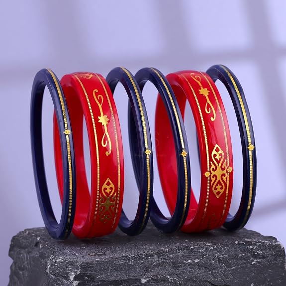 Premium Gold Pola Bangle Set for Women 6.5 Gram Traditional Bengali Handmade Red & Blue Ethnic Bridal Bangles Wedding Jewelry (Set of 6)
