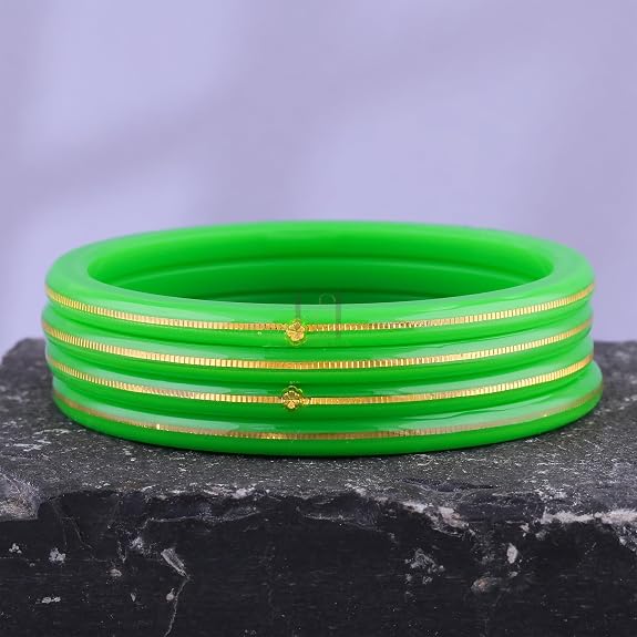 Exclusive Green Gold Line Pola Bangles for Women | Traditional Acrylic Chudi with Gold Line Design | Lightweight Ethnic Wedding & Festival Bangles | Pack of 2 & 4 | BPJ_52