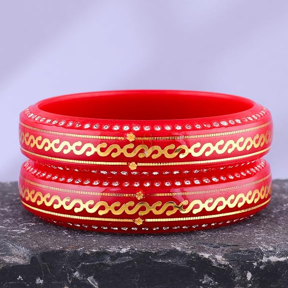 Gold Pola Bangles for Women | Traditional Red Bengali Pola Chudi with Gold Foil & Stone Work | Handmade Ethnic Wedding Festival Bangles | Lightweight Designer Jewelry