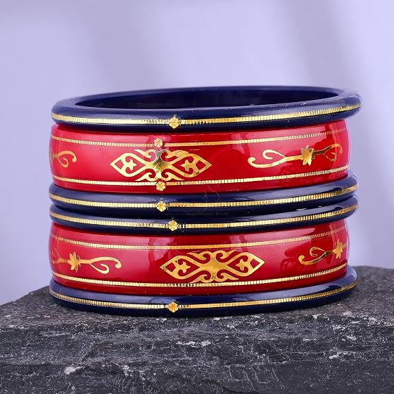 Premium Gold Pola Bangle Set for Women 6.5 Gram Traditional Bengali Handmade Red & Blue Ethnic Bridal Bangles Wedding Jewelry (Set of 6)