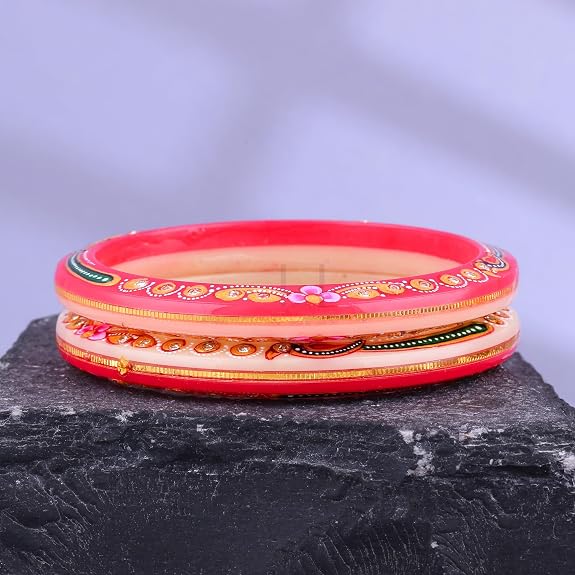 Gold Pola Bangles for Women | Traditional Pink Bengali Pola Chudi with Floral Gold Foil Design | Handmade Ethnic Wedding Festival Bangles | Lightweight Designer Jewelry