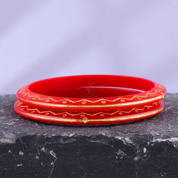 Gold Pola Bangles for Women | Traditional Red Bengali Pola Chudi with Gold Zigzag Design | Handmade Lightweight Ethnic Bangles for Wedding Festival & Daily Wear