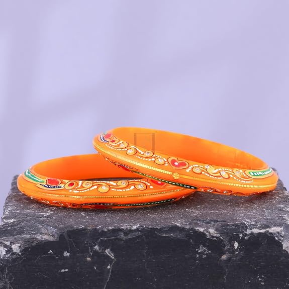 Gold Pola Bangles for Women | Traditional Orange Bengali Pola Chudi with Floral Gold Foil Design | Handmade Ethnic Wedding Festival Bangles | Lightweight Designer Jewelry