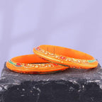 Gold Pola Bangles for Women | Traditional Orange Bengali Pola Chudi with Floral Gold Foil Design | Handmade Ethnic Wedding Festival Bangles | Lightweight Designer Jewelry