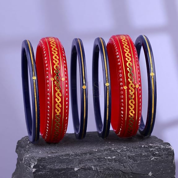 Premium Gold Pola Bangle Set for Women 6.5 Gram Traditional Bengali Handmade Red & Navy Blue Bridal Bangles with Gold Designer Pattern (Set of 6)