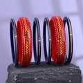 Premium Gold Pola Bangle Set for Women 6.5 Gram Traditional Bengali Handmade Red & Navy Blue Bridal Bangles with Gold Designer Pattern (Set of 6)