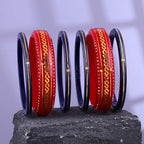Premium Gold Pola Bangle Set for Women 6.5 Gram Traditional Bengali Handmade Red & Navy Blue Bridal Bangles with Gold Designer Pattern (Set of 6)