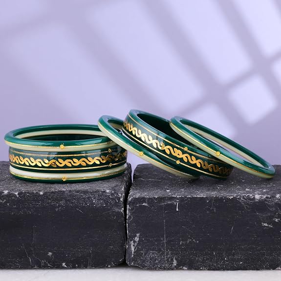 Premium Gold Pola Bangle Set for Women 6.5 Gram Traditional Bengali Handmade Green & White Ethnic Bridal Bangles Wedding Jewelry (Set of 6)