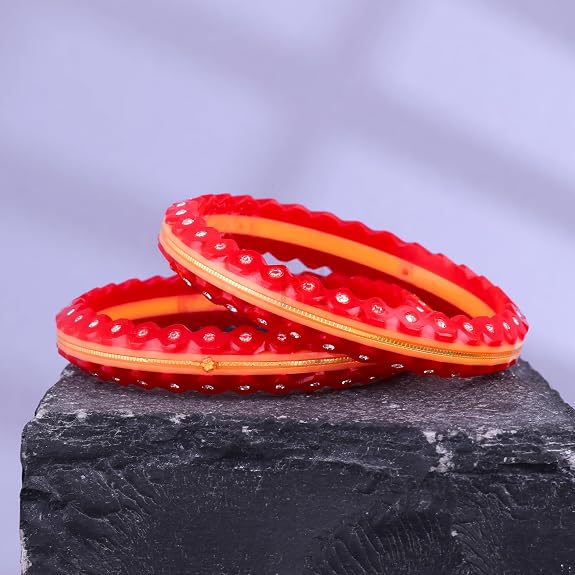 Gold Pola Bangles for Women | Textured Red Bengali Pola Chudi with Gold Foil Design | Handmade Traditional Ethnic Bangles | Lightweight Wedding Festival & Daily Wear Jewelry