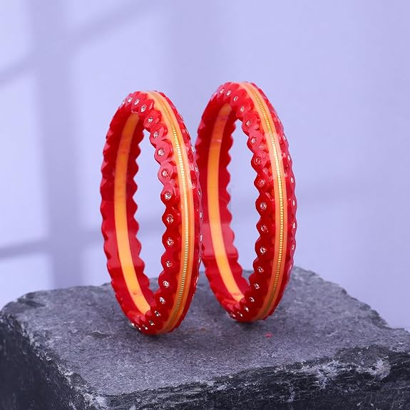 Gold Pola Bangles for Women | Textured Red Bengali Pola Chudi with Gold Foil Design | Handmade Traditional Ethnic Bangles | Lightweight Wedding Festival & Daily Wear Jewelry