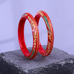 Gold Pola Bangles for Women | Traditional Red Bengali Pola Chudi with Floral & Stone Design | Handmade Ethnic Wedding Festival Bangles | Lightweight Designer Jewelry