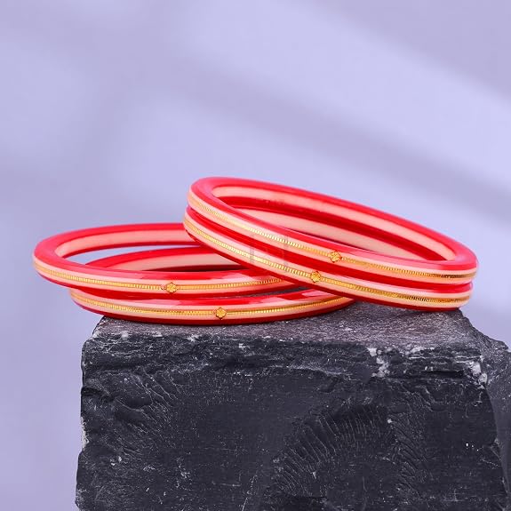 Exclusive Gold Pola Bangles for Women – Red Transparent Acrylic Bangles with Gold Line Design & Artistic Hand Painting | Traditional Lightweight Ethnic Chudi for Wedding, Festival, Party & Daily Wear | Pack of 2 & 4 | BPJ_59