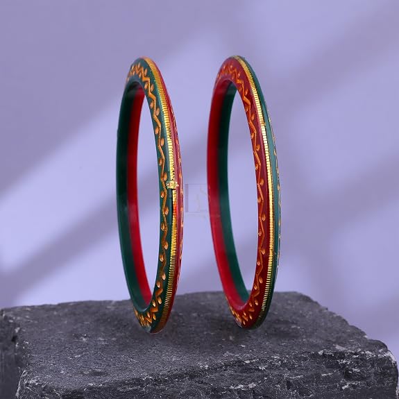 Gold Pola Bangles for Women | Green & Red Slim Bengali Pola Chudi with Gold Foil Design | Handmade Traditional Ethnic Bangles | Lightweight Wedding Festival & Daily Wear Jewelry