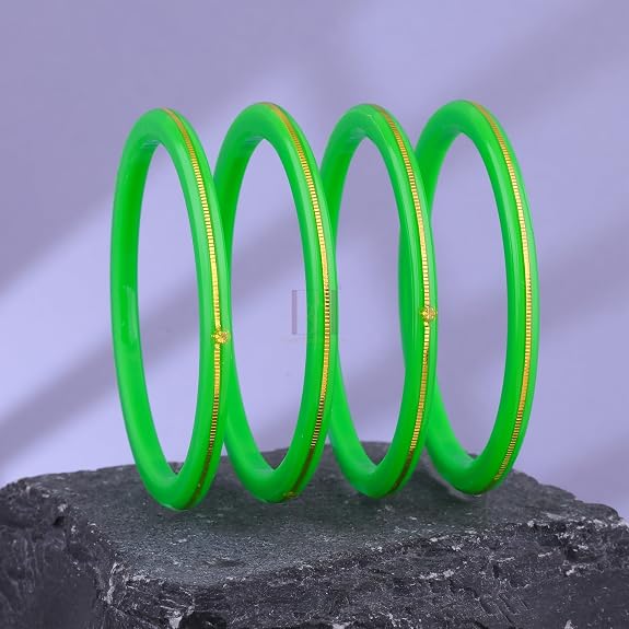 Exclusive Green Gold Line Pola Bangles for Women | Traditional Acrylic Chudi with Gold Line Design | Lightweight Ethnic Wedding & Festival Bangles | Pack of 2 & 4 | BPJ_52
