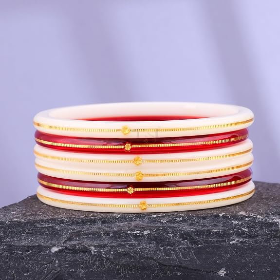 Premium Gold Pola Bangle Set for Women 6.5 Gram Traditional Bengali Handmade Shakha Pola Bangles Red & White Ethnic Bridal Jewelry (Set of 6)