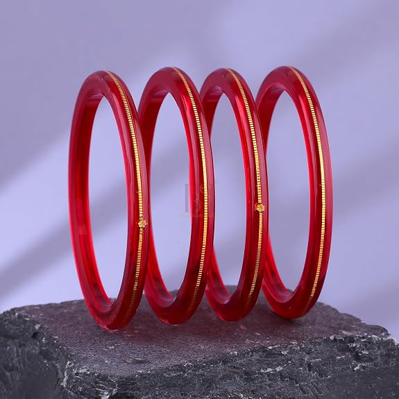 Exclusive Gold Pola Bangles – 22K Gold Plated Traditional Bangle Set for Women | Translucent Ruby Red Chura Kada Bangles | Bengali Ethnic Bridal & Festive Jewelry with Authenticity Card | BPJ_49