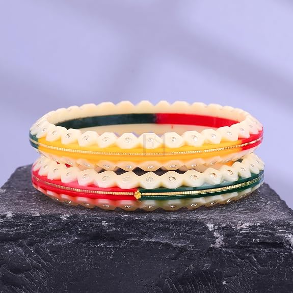 Gold Pola Bangles for Women | Traditional Ivory Bengali Pola Chudi with Tricolor Gold Foil Design | Handmade Ethnic Wedding Festival Bangles | Lightweight Designer Jewelry
