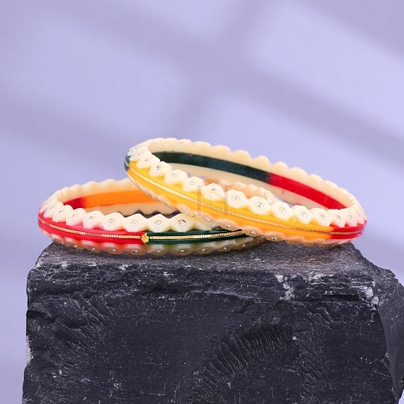 Gold Pola Bangles for Women | Traditional Ivory Bengali Pola Chudi with Tricolor Gold Foil Design | Handmade Ethnic Wedding Festival Bangles | Lightweight Designer Jewelry