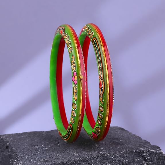 Gold Pola Bangles for Women | Green & Red Bengali Pola Chudi with Floral Gold Foil Design | Handmade Traditional Ethnic Bangles | Lightweight Wedding Festival & Daily Wear Jewelry