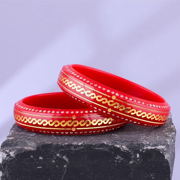 Gold Pola Bangles for Women | Traditional Red Bengali Pola Chudi with Gold Foil & Stone Work | Handmade Ethnic Wedding Festival Bangles | Lightweight Designer Jewelry